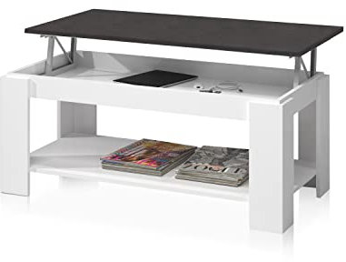 Mesa Centro con revistero, Mesa elevable, mesita Mueble Salon Comedor, Acabado en Blanco Artik y Oxido, Medidas: 102 cm (Largo) x 43/54 cm (Alto) x 50 cm (Fondo)