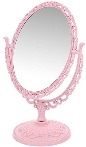 Lurrose Ovaler Kosmetikspiegel Vintage Tabletop Vanity Vergrößerungs 360 Grad Drehung Doppelseitiger Spiegel (Pink)