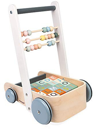 Janod - Sweet Cocoon ABC Buggy - Baby Lauflernwagen aus Holz mit 20 Alphabet Bausteinen mit Zahlen + Abakus - Farben auf Wasserbasis - Ab 1 Jahr, J04408