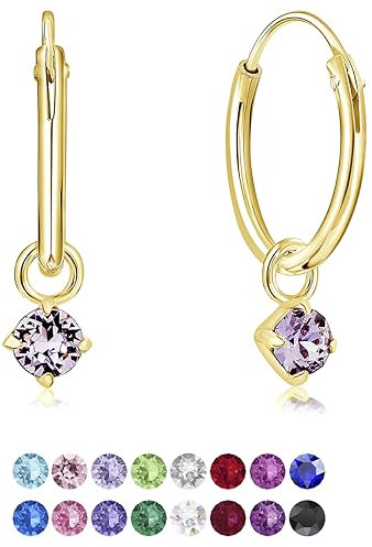 Orecchini a Cerchio - Argento 925 Placcato in Oro Giallo - Pendenti Rotondi con 3 mm Brillantini di Cristallo - Spessore : 1.2 mm - Diametro: 12 mm - Colore: Viola