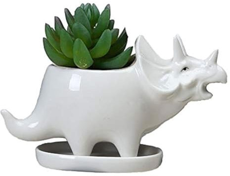 KiaoTime Pots de fleurs en céramique blanche en forme de dinosaure pour plantes grasses - Pot de fleurs bonsaï - Vase pour cactus - Décoration de bureau - Pot à crayons pour chambre d'enfant