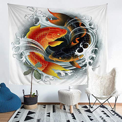 Tbrand Fisch Wandbehang 3D Karikatur Karpfen Wandteppich 130x150cm für Kinder Jungen Mädchen Ozean Tier Tapisserie Schwarz Rot Fisch Gedruckt Wandtuch Dekor