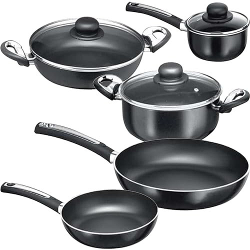 Batteria Pentole Padelle Antiaderenti De Luxe, Set 8 Pezzi, 3.5 mm di Spessore, Senza PFOA - Padella Ø20/26cm Casseruola Ø16/20cm Tegame Ø24cm Coperchi Ø16/20/24cm - per Gas Vetroceramica