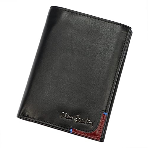 Pierre Cardin Herren-Geldbörse Elegant aus 100% Naturleder 9,5 x 13 x 3 cm für bis zu 8 Karten 2 Scheinfächer 1 Münzfach Riegelverschluss Schwarz und Rot