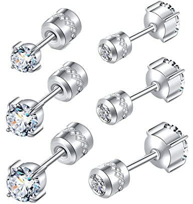 Hopply 3 Pairs Hypoallergenic Titanium Earrings for Sensitive Ears,Screw Back Surgical Stainless Steel 5A Cubic Zirconia Piercing Sleeper Stud Earrings (3 Pairs CZ White/345mm)