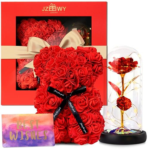 JZEEIWY Rosenbär Geschenke Geschenke Muttertag Geburtstag für Mutter,Ewige Rose im Glas mit LED-Licht für Frauen Gattin Tochter Freundin, Valentinstag Jubiläum Heiratsanträge Geschenk mit Grußkarte…