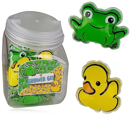 accentra Mini-Duschgel “Happy Animals – Großpackung Gastgeschenk für Kindergeburtstag, Tombolapreis oder Adventskalender – Bonbonglas mit 24 x 50 ml, 2 Motive/Düfte