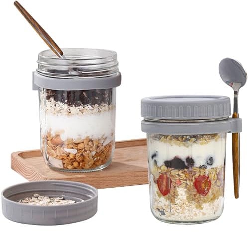 Jogoico Overnight Oats Jars 2pcs Overnight Oats Containers with Lid & Spoon, 12 oz Glass Mason Jars with Measurement Mark, Large Capacity Airtight Breakfast Jars for Oatmeal Cereal Milk Fruit - Grey