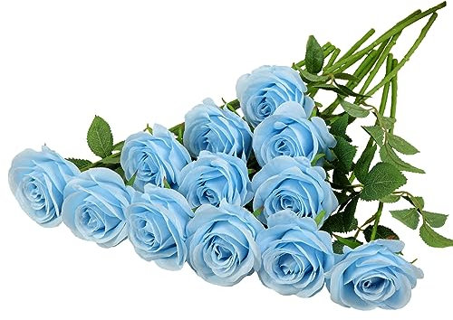 Helera Lot de 12 roses artificielles en soie bleue avec longues tiges pour mariage, maison, fête, centre de table