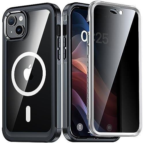AMILIFECASES Compatible with iPhone 15 Plus Case, [Built-in Privacy Screen Protector] Support MagSafe, Military Grade Shockproof Clear Back Magnetic Anti-Spy Case for iPhone 15 Plus 6.7” - Black