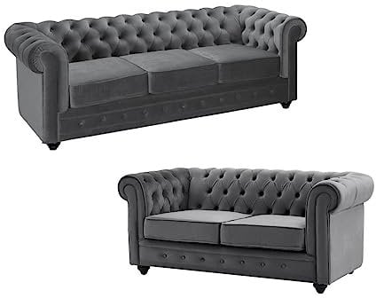 Vente-unique-Sofa 3-Sitzer & 2-Sitzer - Samt - Anthrazit - Chesterfield