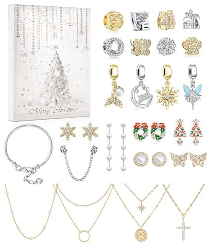 Souarts Schmuck Adventskalender 2024 Frauen Erwachsene, Weihnachtskalender Teenager 24 Überraschungen mit Kette Charms Armband Ohrstecker Weihnachten