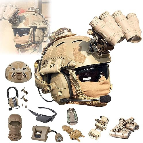 SIANKO Fast SF PJ Paintball Airsoft Helmet Set,with Tactical Bluetooth Headset,NVG Model,Metal L4G24 Mount,Goggles,Flashlight,Battery Pouch,for Hunting CS Cosplay (Tan/B)