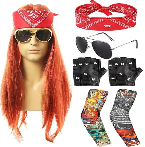 Clundoo Herren Perücke, 7PCS Punk Gothic Rocker Kit mit Kopftuch, Sonnenbrille, Handschuhe, Geblümte Arme, Disco Rockstar Perücke, 70er 80er 90er Jahre Accessoires für Männ