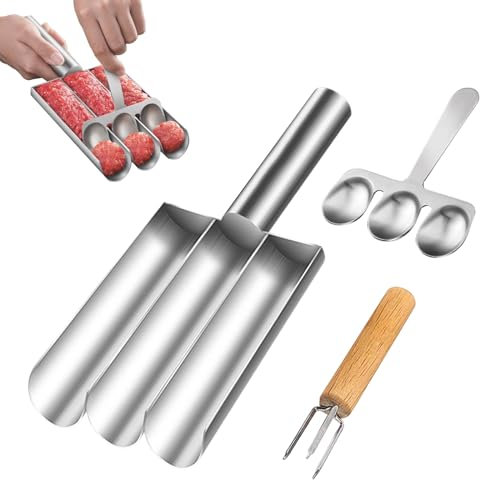 mumisuto Küche Meatball Maker, Fleischbällchen Former, Dreifach Frikadellenformer aus Edelstahl, Portionierer, für Die Herstellung Von Kekseteig Oder Sorbet, DIY-Fleischbällchen