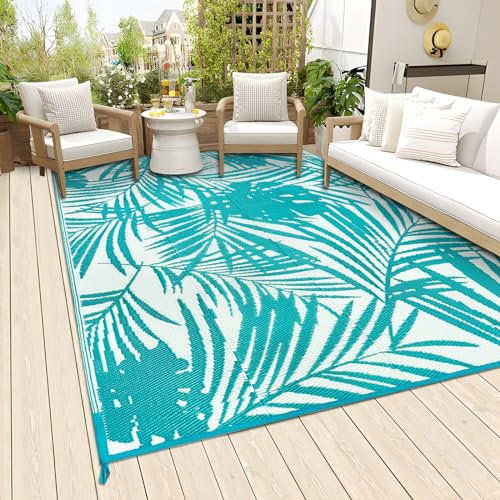 Famibay Outdoor Teppich Wetterfest Terrasse Teppich Wendbar Plastik Gartenteppich Balkon Teppich Faltbare Leichtgewicht Picknickdecke Außen Bodenmatte für Terrasse Garten Balkon(Teal, 180 x 270 cm)