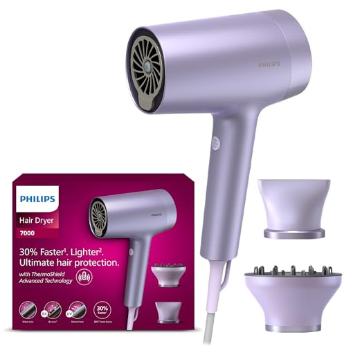 Philips Haartrockner der Serie 7000, fortschrittliche ThermoShield-Technologie, Mineral- und Ionenwasser, mit Düse und Haartrockner, 1800 W, Modell BHD720/13