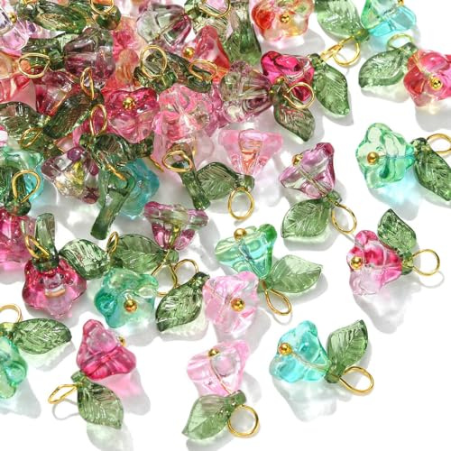 UR URLIFEHALL Lot de 50 breloques trompette en verre avec feuille verte pour la fabrication de bijoux et les loisirs créatifs - 5 couleurs