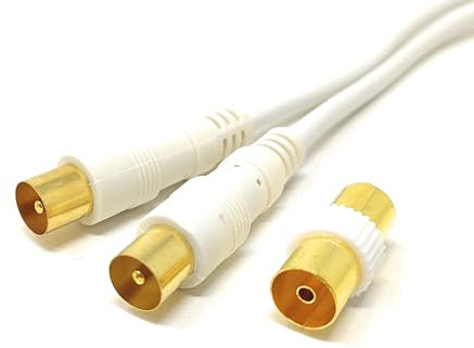 mCore 7.5m TV Aerial Coaxial Cable Male to Male, Satellite RF Antenna Coax RG59 Lead Gold Plated Connectors with Female Coupler (Straight, White, 7.5m)