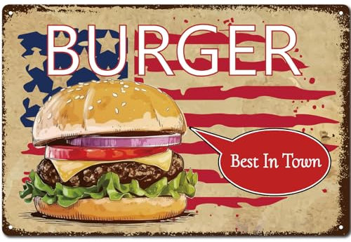 CREATCABIN Burger-Metallschild,Küche,Metallplakat,Vintage-Blechschild,Retro,Wanddekoration,Geschäft,Zuhause,Wanddisplay,Plakette,Poster,Kunstdesign,Dekor,Geschenk Für Fast-Food-Restaurant,Café,30x20cm