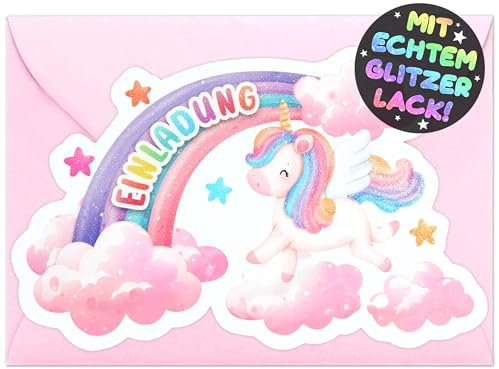 Lot de 12 cartes d'invitation licorne pailletée pour fille et garçon + 12 enveloppes - Les cartes de fête arc-en-ciel sont la licorne - Invitation pour enfants garçons - Anniversaire chevaux - Fête