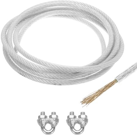 sourcing map Fune metallica rivestita in vinile trasparente da 8 mm, 3 m, in acciaio zincato, con 2 manicotti ad anello M8 per appendere luci a corda, ringhiere per ponte, filo da giardino