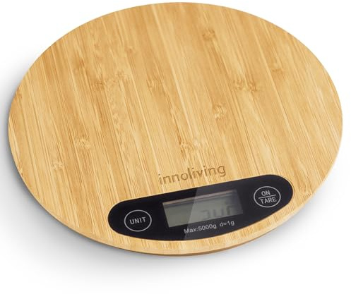 Innoliving Bilancia Digitale da Cucina in Bambu con Tagliere 2-in-1 e Design Elegante, Alta Precisione, Funzione Tara, Display LCD, Piattaforma Ampia (Rotonda)