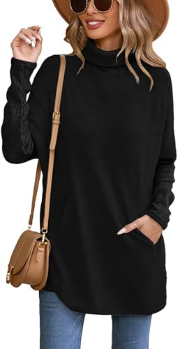 Famulily Women's Black Turtleneck Long Jumper, Rib Knitted Longline Oversized Pullover Sweater Tops (XL, Black)