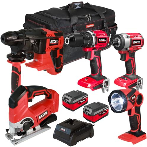 Excel 18V Cordless 5 Piece Tool Kit with 2 x 4.0Ah Batteries & Charger EXL5230 - Monster Power Tool Kit- Combo Kit- 18V Cordless Power Tool Kits- Mega Power Tool- Excel kit