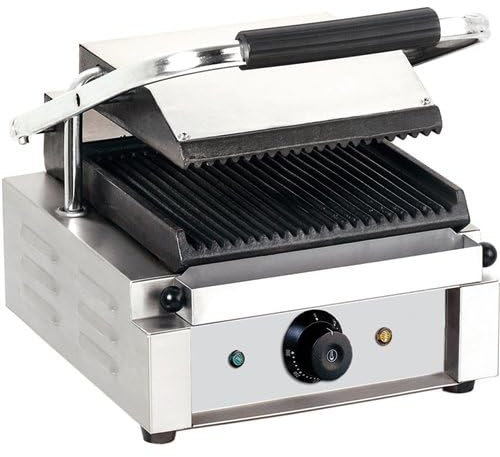Stalwart Panini Contact Grill, Heavy Duty Ribbed Top & Bottom, 215 x 215mm Cooking Area, Tempered Steel and Cast Iron Plates 1.8KW