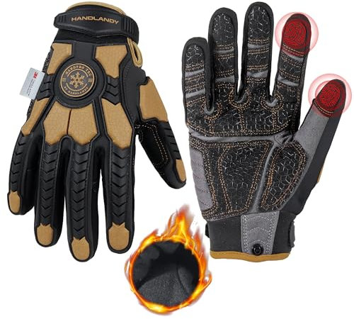 HANDLANDY Winter Water Resistant Work Gloves for Men, Padded Thermal Insulated Heavy Duty Impact Glove for Cold Weather (Coffee-insulated, XL)