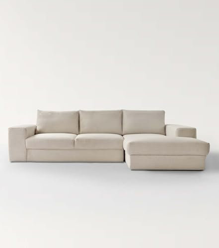 mokebo Ecksofa aus Cord 'Der Klassiker', Eckcouch aus weichem Cordstoff fürs Wohnzimmer, bequemes 3-Sitzer Sofa oder Cordsofa in L-Form, 287x86x190 (BxHxT in cm) in Beige - Ottomane rechts