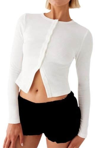 CocMouse Women's Slim Fitted Cardigan Ribbed Knit Button Down Shirt Long Sleeve Y2K Crew Neck Going Out Tops Streetwear (White, S)