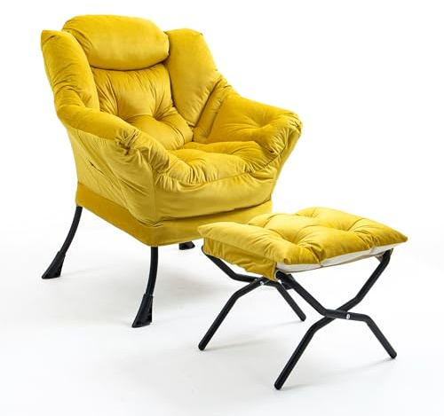 TIANSHU Samt Sessel mit Hocker, Relaxsessel mit Nackenstütze Sessel Wohnzimmer mit Metallbeinen Stabil Loungesessel Ohrensessel Sessel für Schlafzimmer Arbeitszimmer Balkon (Gelb)