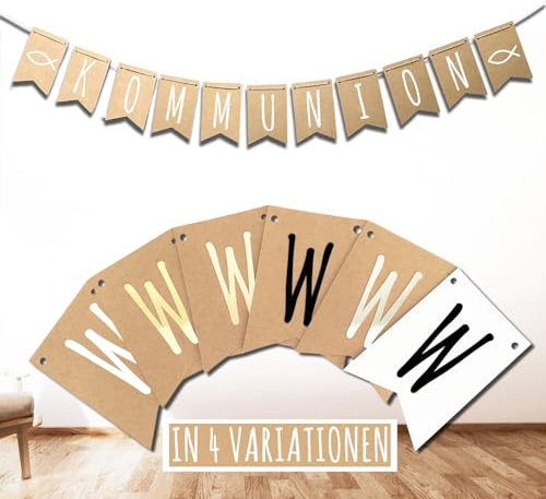 Kommunion Wimpelkette – Deko Girlande für Erstkommunion & Feier – Festliches Banner für Tisch & Raum (Kraftpapier + Goldene Schrift)
