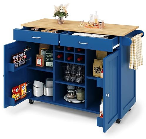 DRIXNO Kücheninsel(102×45×92cm), Küchenschrank, Buffetschrank, Speisewagen mit Holzmaserung, Multifunktionale Esstisch mit Speicherraum, Blau