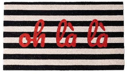 Fisura – Fußmatte Oh là là“ aus Kokosfaser mit Rutschfester PVC-Unterseite. Handbemalte schwarz-weiße Streifenmatte mit französischem Flair. Maße: 70 cm x 40 cm.