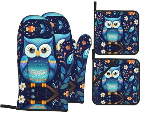 LLKGOT Ofenhandschuhe, Topflappen mit Eulen-Druck, 4 Stück, für Küche, Backen, wasserdicht, hitzebeständig und langlebig