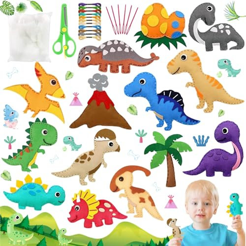 Liekadijiae 14 Stück Nähset Dinosaurier Kinder, Sewing Kit for Kids, Nähset für Kinder, Pädagogisches Anfänger-Nähset, Filz Bastelset Dinosaurier Nähen mit Anleitung und Plüschfilzmaterialien