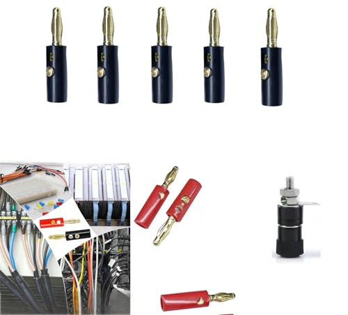 GSKQCRPR 11 Piece Gold Plated Banana Plug Set 4mm Speaker Connectors with 5 Red/5 Black/1 Black Female Jack for HiFi/Audio Systems, Oxygen Free Copper Banana Plugs for Home Theater/Wire Installatio
