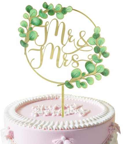 Acryl Mr and Mrs Cake Topper, Gold Wedding Cake Topper with Leaves, Round Wedding Toppers for Cake Decoration, Cake Toppers for Bridal Shower or Engagement Party (Gold)