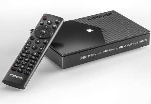Kinhank Android TV Box 8K Media Player kompatibel mit Dolby Vision·Atmos/DTS X/HDR10+, 4K@120fps AV1, BD ISO, 4+64G, S928X-K,1 Gbit Ethernet/WiFi 6/BT5.2/HDMI 2.1/USB 3.0, Widevine L1, Filmplakatwand