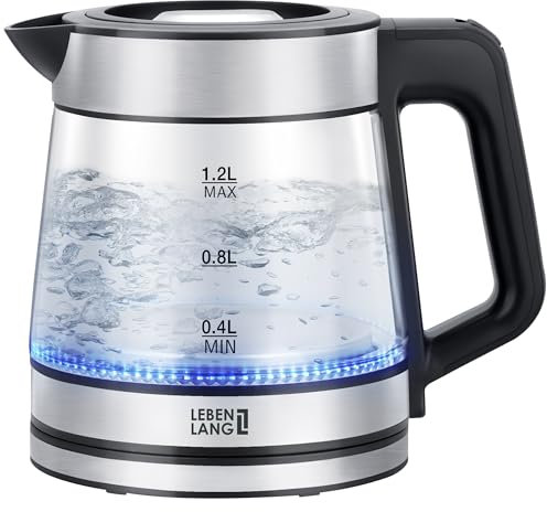 LEBENLANG Glas Wasserkocher klein - 1,2 Liter mit LED Beleuchtung I Edelstahl Design BPA-Frei Wasserkocher 1l 1 2 l Glas Glaswasserkocher Leiser & Kleiner Wasserkocher als Camping & Reisewasserkocher