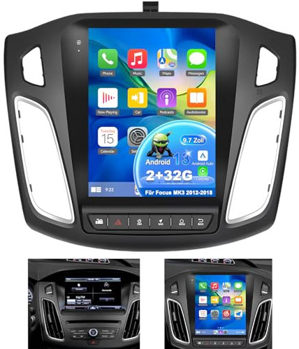 Car Stereo Radio 2 DIN para Ford Focus 3 MK3 2012-2018 con Pantalla táctil IPS de 9,7, GPS Navi Carplay Android Auto WiFi Bluetooth EQ/Control del Volante/BT/Mirrorlink/Dab+Cámara, 2+32G