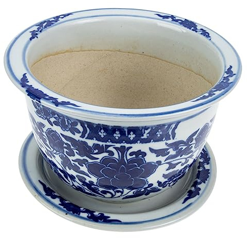 GALPADA Large Blue and White Porcelain Plant Pot Breathable Ceramic Planter for Indoor Flowers Decorative Nursery Pot with Drainage Tray Enhancing Home and Garden Decor