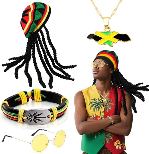 4 Stück Rasta Kostüm Set, Jamaika Reggae Outfit Kit mit Dreadlocks Perückenkappe Brille Geflochtenes Armband Flaggenanhänger Halskette für Damen Herren Party Cosplay Maskerade Halloween Karneval