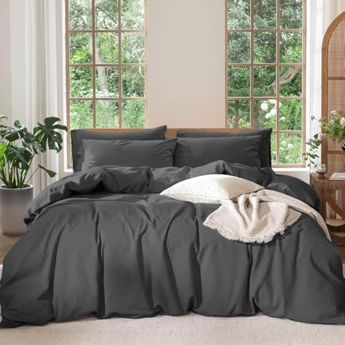 Boqingzhu Bettwäsche 220×240 cm Baumwolle 3tlg. - Anthrazit | 100% Baumwolle Bettwäsche-Sets mit Reißverschluss, OEKO-TEX Zert, Sicher, Weich, Atmungsaktiv, Grau Dunkelgrau