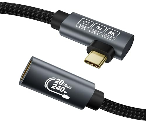 EUDOBEL 20Gbps USB C Verlängerung 1m, (USBC 3.2 Gen 2x2, Video 8K@30Hz, 4K@60Hz/144Hz, PD3.1 240W, Winkel 90 Grad) USB C Datenkabel Verlängerung für Thunderbolt 4, iPhone 17/16, Hub, Docking Station