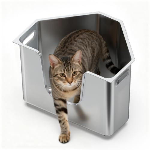PTLOM Lebensmittelechtes Katzenklo Edelstahl Katzentoilette, Einteiliges Eck-Modell 30cm Hohe Seitenwände, Antihaftbeschichtet, Ohne Montage, Einfache Reinigung, Für Mehrkatzenhaushalte