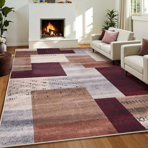 Moderner Teppich 160X220cm, Niedriger Flor Ultradünner, Ziegel Rot & Multi